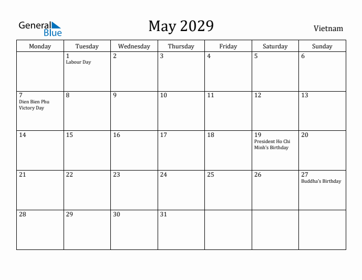 May 2029 Calendar Vietnam