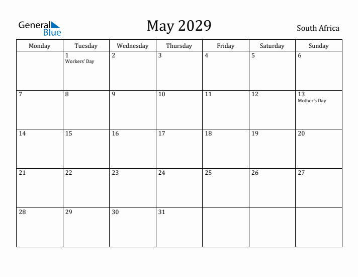 May 2029 Calendar South Africa