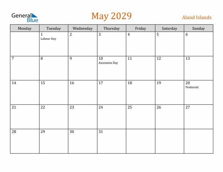 May 2029 Holiday Calendar with Monday Start