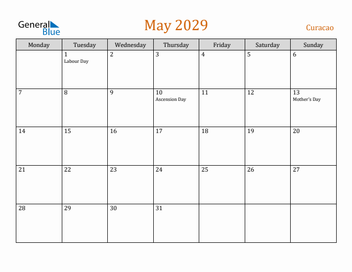 May 2029 Holiday Calendar with Monday Start