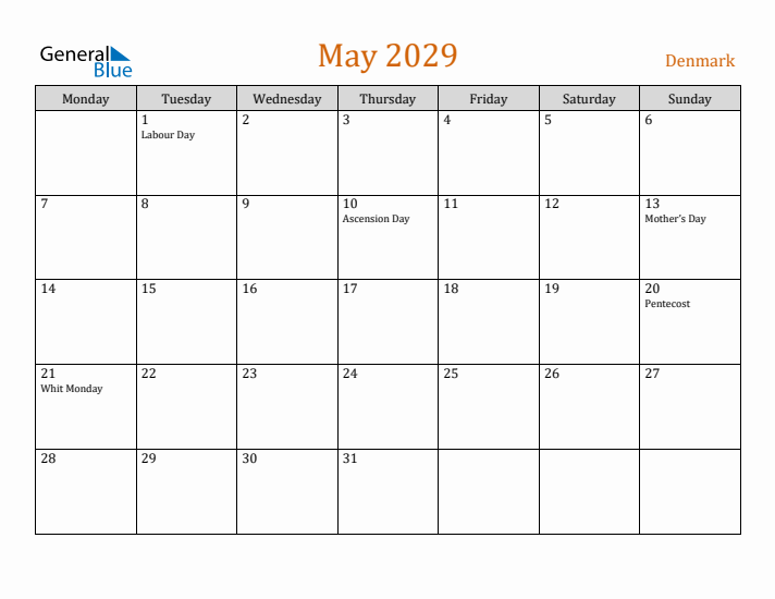 May 2029 Holiday Calendar with Monday Start