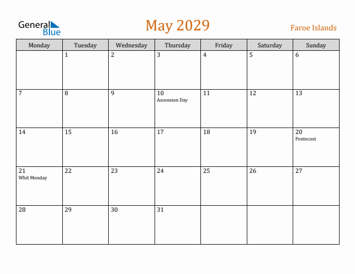 May 2029 Holiday Calendar with Monday Start