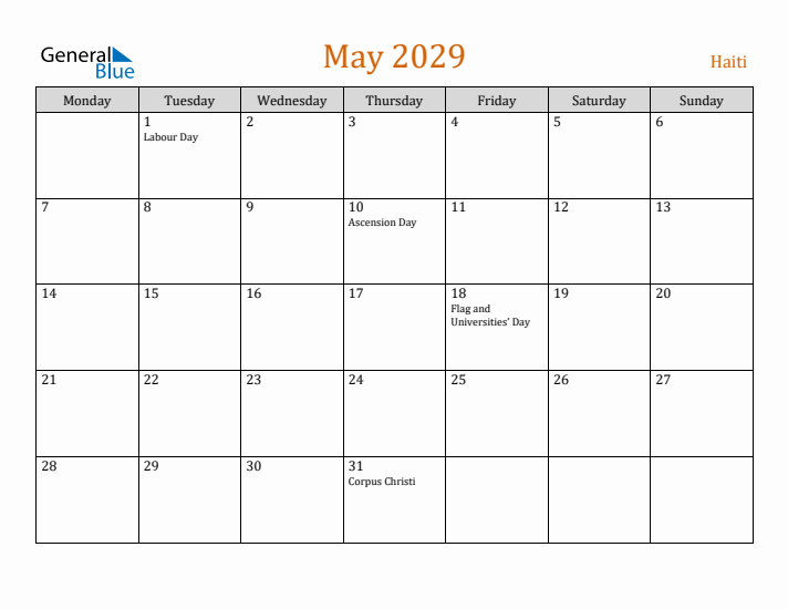 May 2029 Holiday Calendar with Monday Start