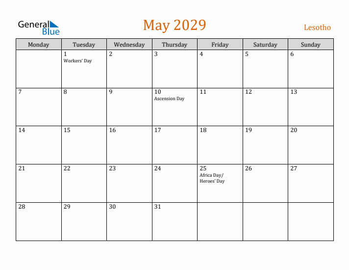 May 2029 Holiday Calendar with Monday Start