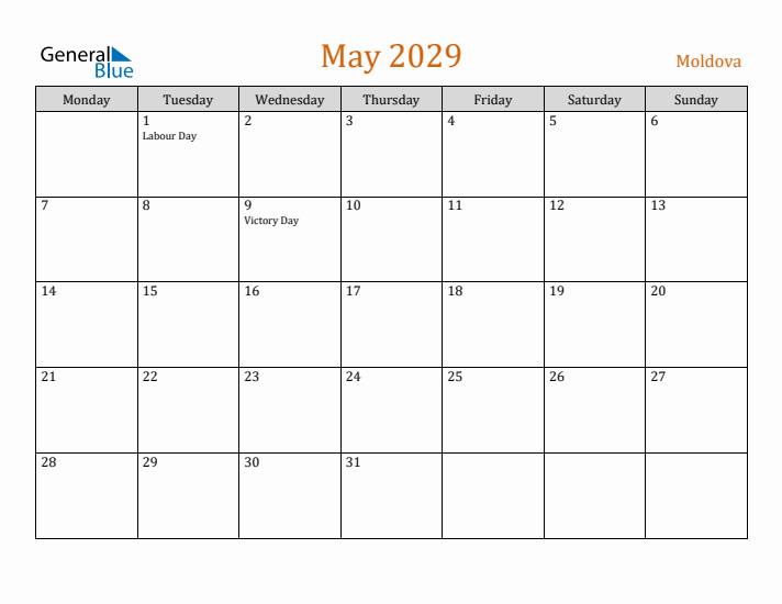 May 2029 Holiday Calendar with Monday Start