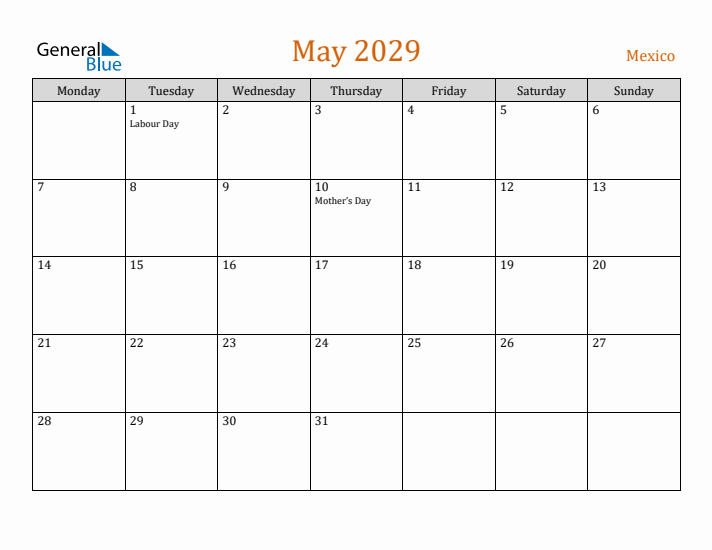 May 2029 Holiday Calendar with Monday Start