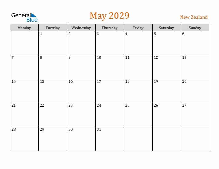 May 2029 Holiday Calendar with Monday Start