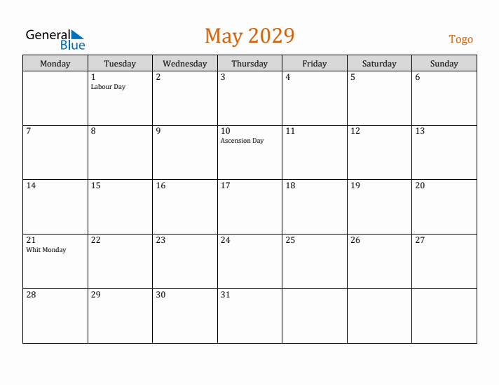 May 2029 Holiday Calendar with Monday Start