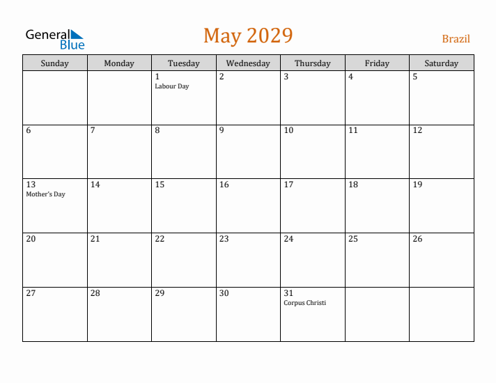 May 2029 Holiday Calendar with Sunday Start