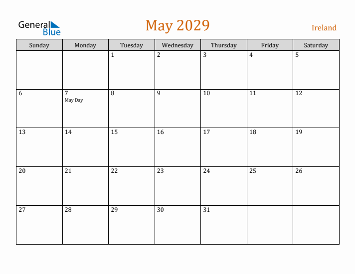 May 2029 Holiday Calendar with Sunday Start