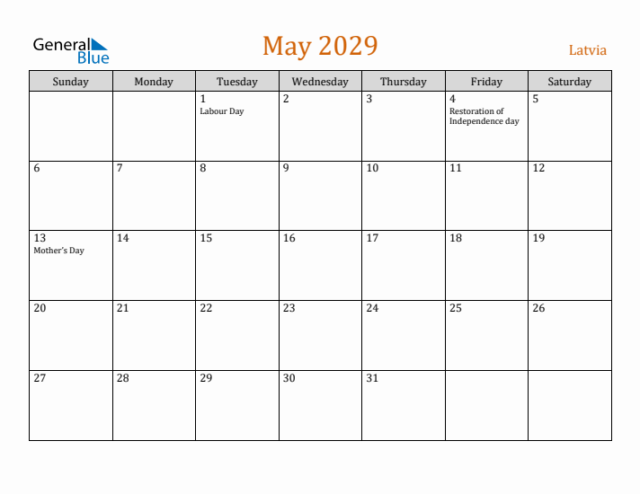 May 2029 Holiday Calendar with Sunday Start