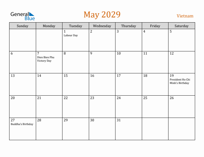 May 2029 Holiday Calendar with Sunday Start