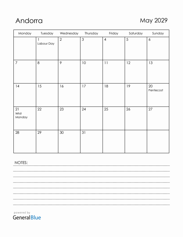 May 2029 Andorra Calendar with Holidays (Monday Start)