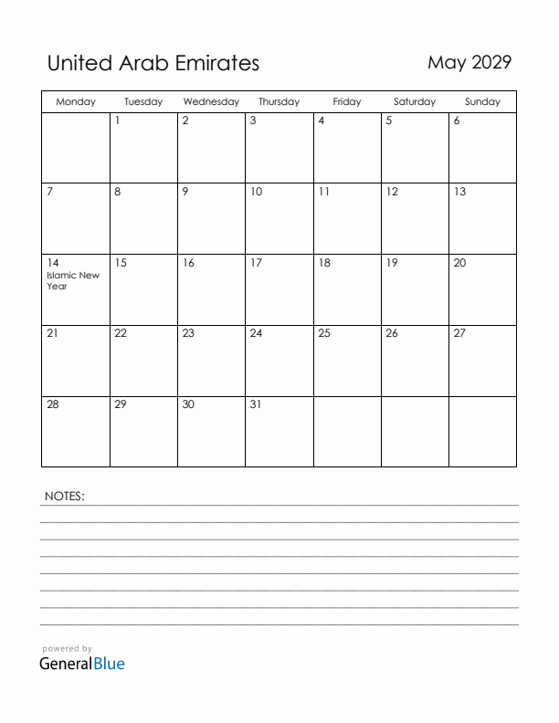 May 2029 United Arab Emirates Calendar with Holidays (Monday Start)
