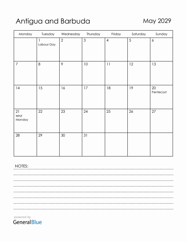 May 2029 Antigua and Barbuda Calendar with Holidays (Monday Start)