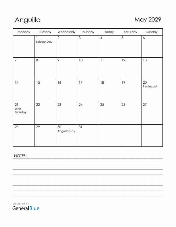 May 2029 Anguilla Calendar with Holidays (Monday Start)