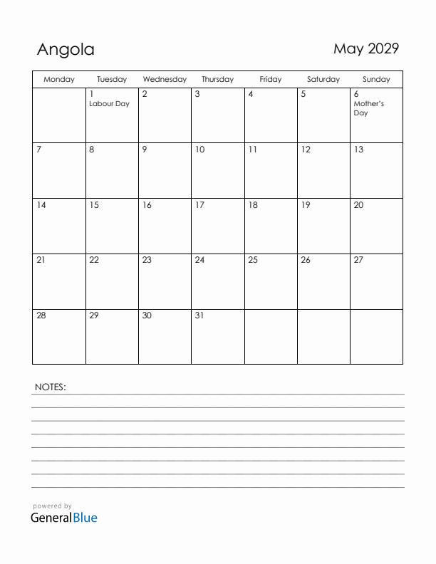 May 2029 Angola Calendar with Holidays (Monday Start)