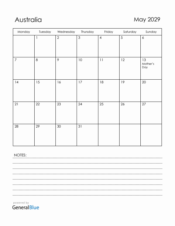 May 2029 Australia Calendar with Holidays (Monday Start)