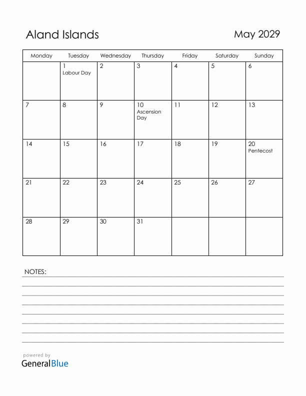 May 2029 Aland Islands Calendar with Holidays (Monday Start)