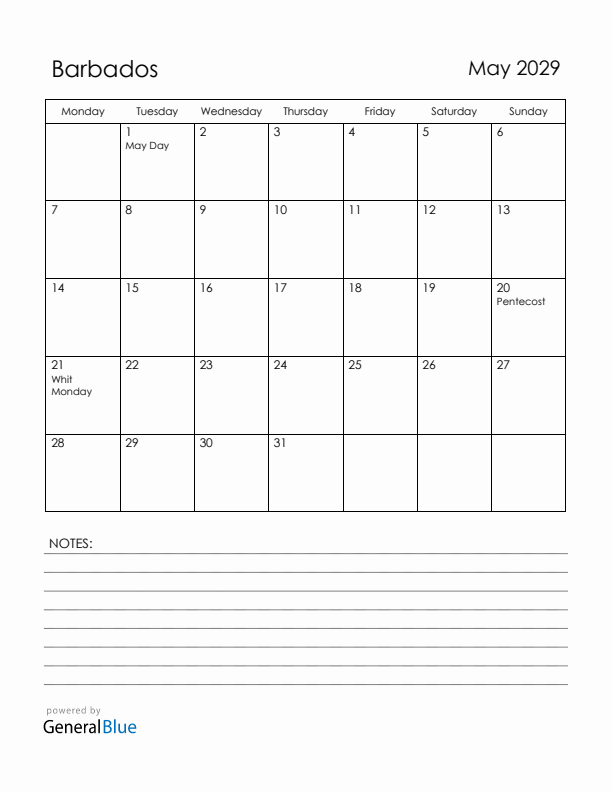 May 2029 Barbados Calendar with Holidays (Monday Start)