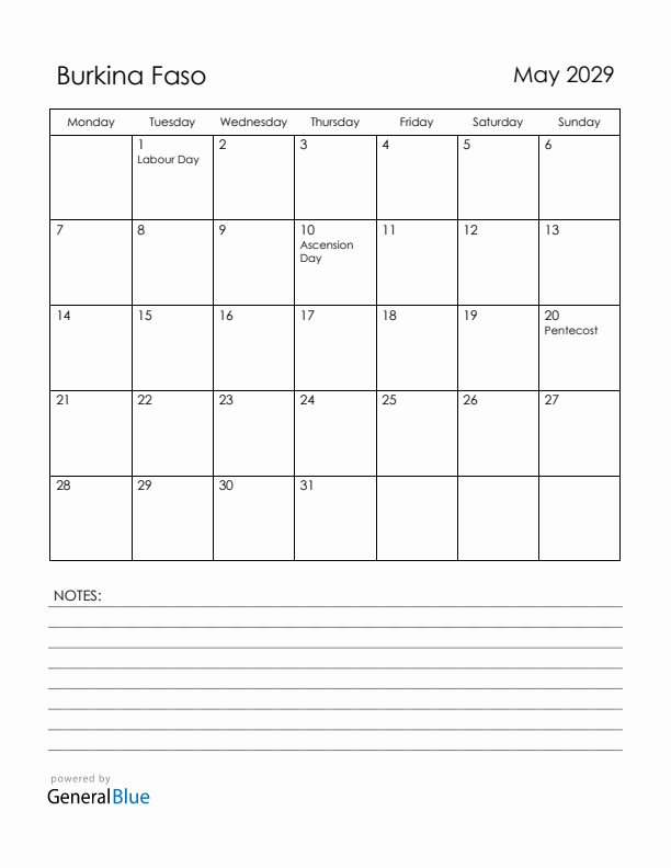 May 2029 Burkina Faso Calendar with Holidays (Monday Start)