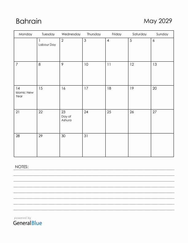 May 2029 Bahrain Calendar with Holidays (Monday Start)