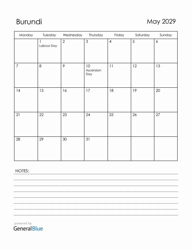 May 2029 Burundi Calendar with Holidays (Monday Start)