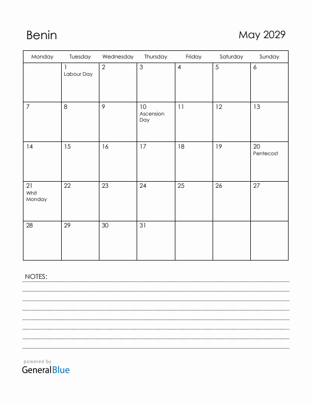 May 2029 Benin Calendar with Holidays (Monday Start)