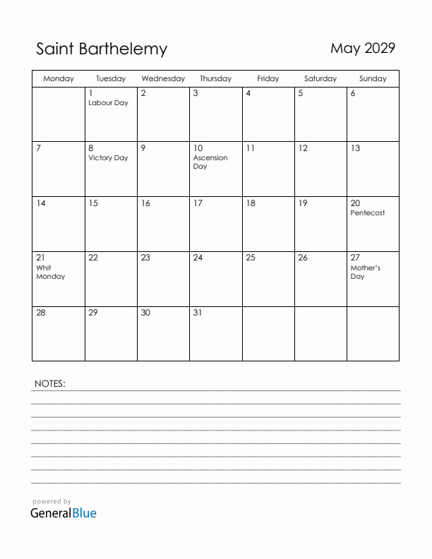 May 2029 Saint Barthelemy Calendar with Holidays (Monday Start)