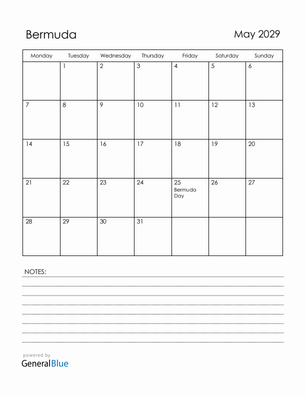 May 2029 Bermuda Calendar with Holidays (Monday Start)