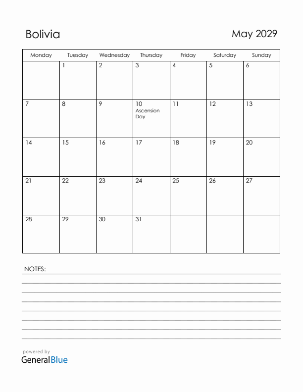 May 2029 Bolivia Calendar with Holidays (Monday Start)