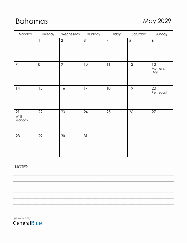 May 2029 Bahamas Calendar with Holidays (Monday Start)