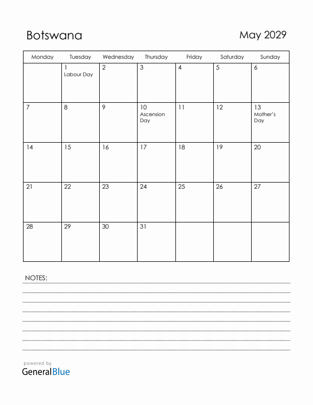 May 2029 Botswana Calendar with Holidays (Monday Start)