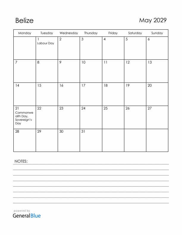 May 2029 Belize Calendar with Holidays (Monday Start)