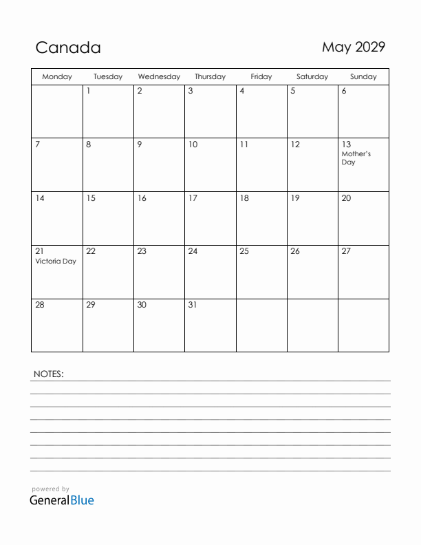 May 2029 Canada Calendar with Holidays (Monday Start)