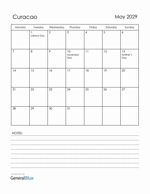 May 2029 Curacao Calendar with Holidays (Monday Start)
