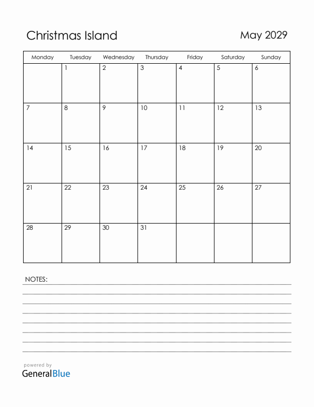 May 2029 Christmas Island Calendar with Holidays (Monday Start)