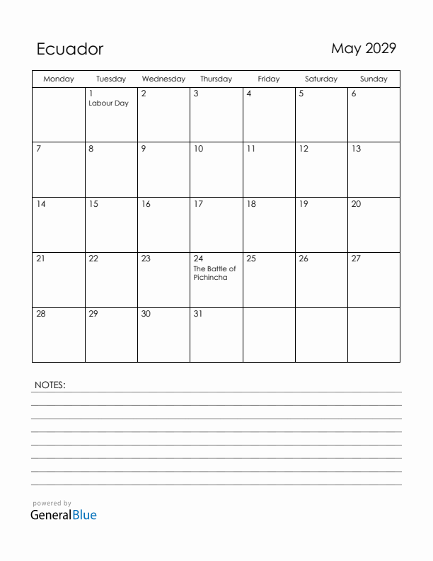 May 2029 Ecuador Calendar with Holidays (Monday Start)