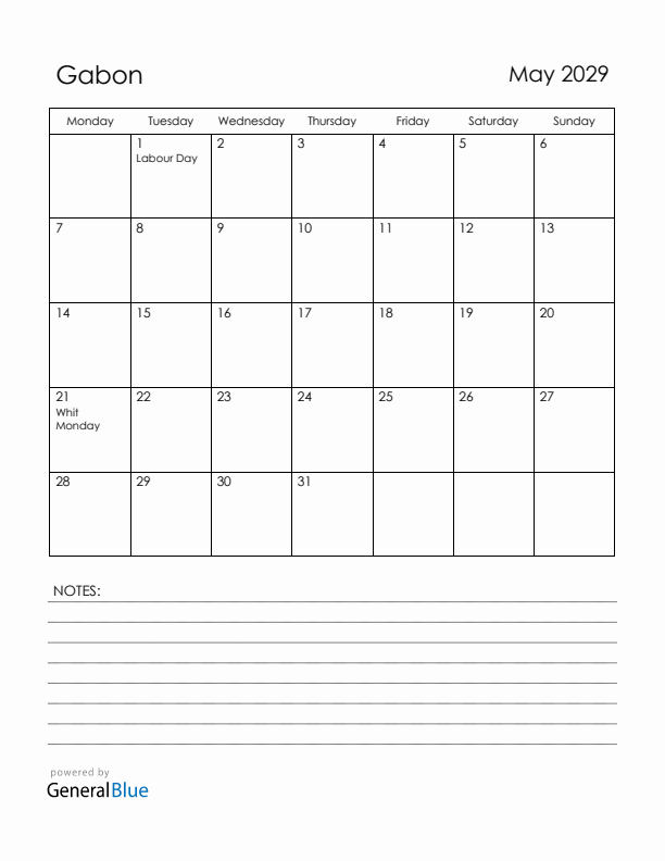 May 2029 Gabon Calendar with Holidays (Monday Start)