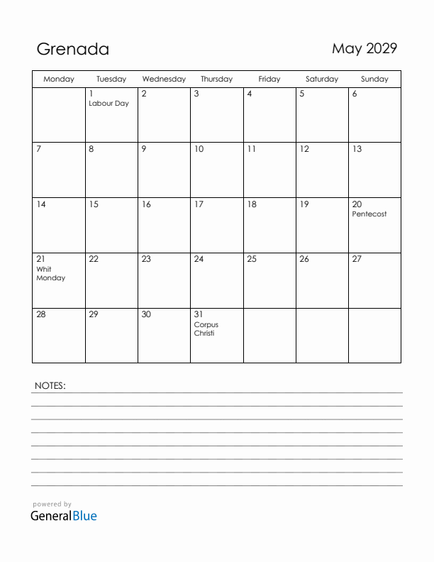 May 2029 Grenada Calendar with Holidays (Monday Start)