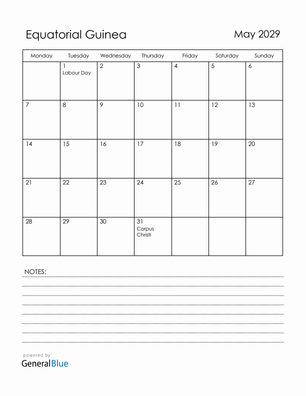 May 2029 Equatorial Guinea Calendar with Holidays (Monday Start)