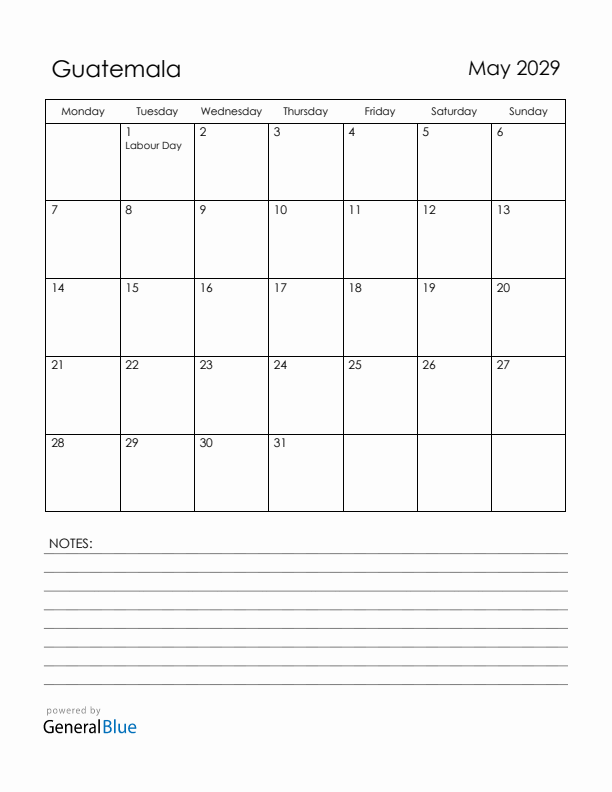 May 2029 Guatemala Calendar with Holidays (Monday Start)