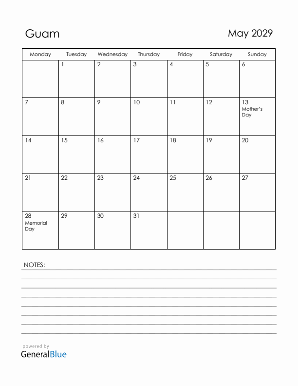 May 2029 Guam Calendar with Holidays (Monday Start)