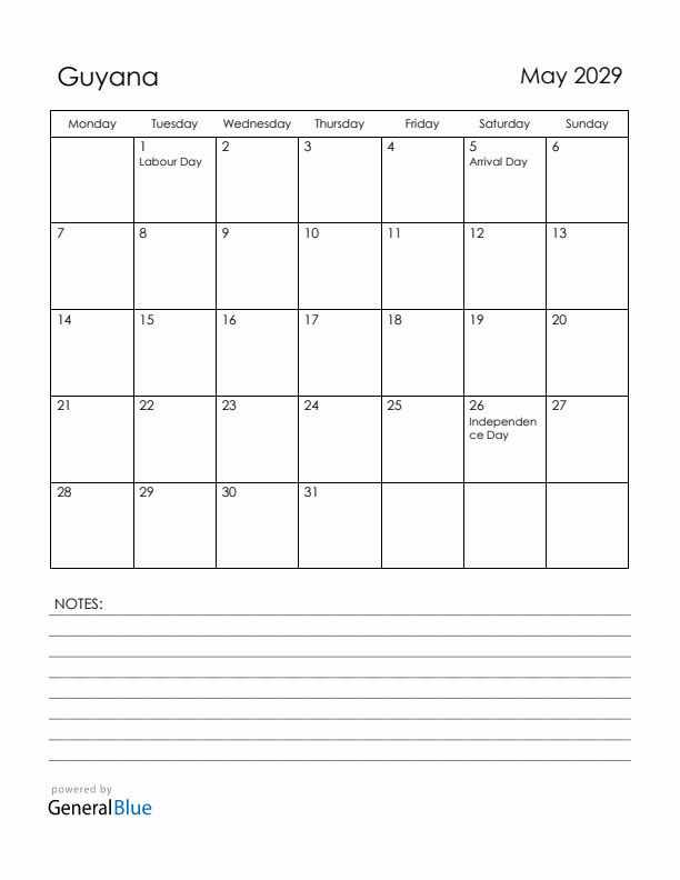 May 2029 Guyana Calendar with Holidays (Monday Start)