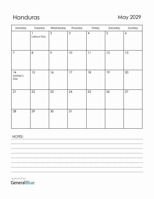 May 2029 Honduras Calendar with Holidays (Monday Start)