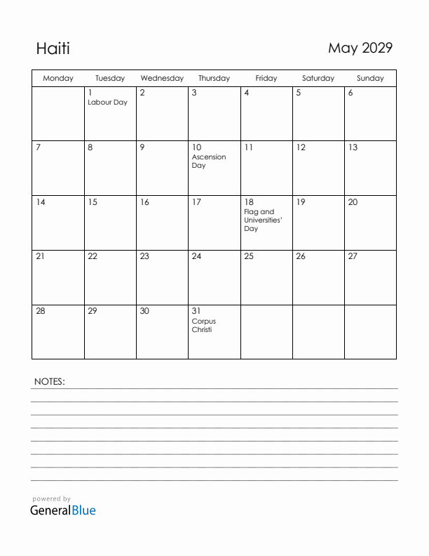 May 2029 Haiti Calendar with Holidays (Monday Start)