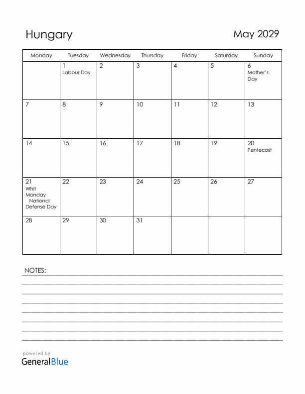 May 2029 Hungary Calendar with Holidays (Monday Start)