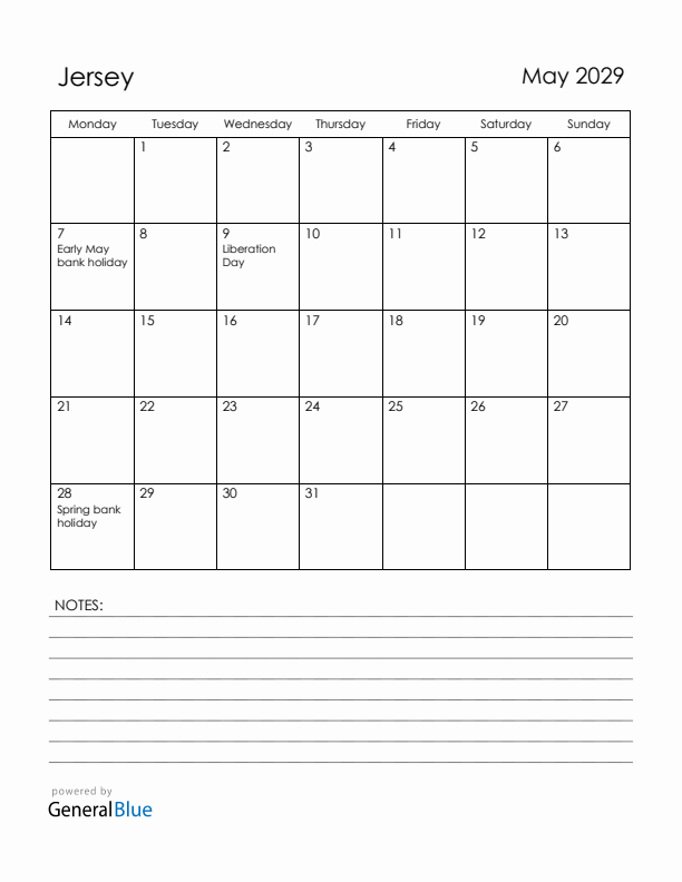 May 2029 Jersey Calendar with Holidays (Monday Start)