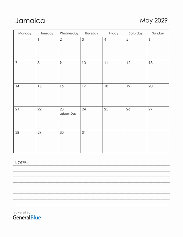 May 2029 Jamaica Calendar with Holidays (Monday Start)