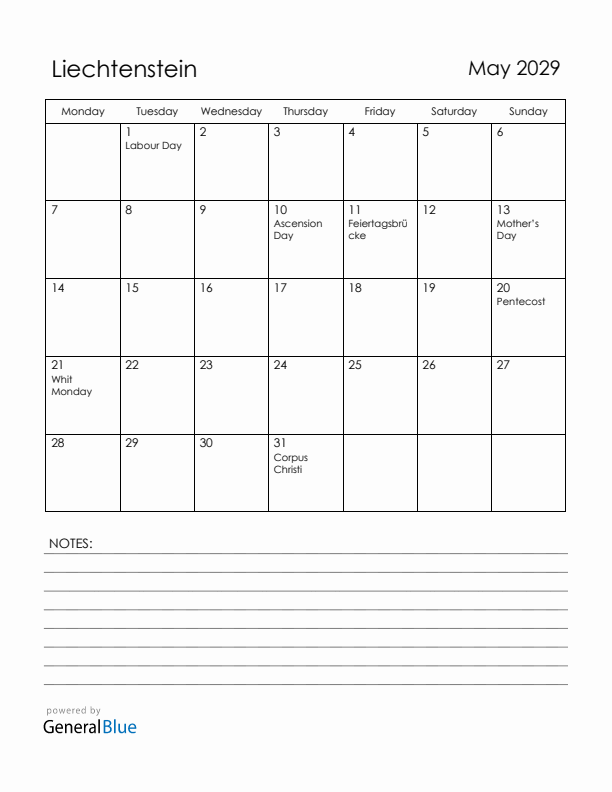 May 2029 Liechtenstein Calendar with Holidays (Monday Start)